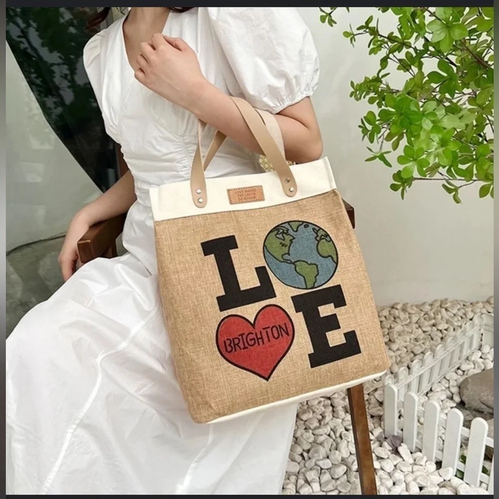 BRIGHTON LOVE The Earth Day Natural Jute Shopper Tote Bag - Picture 1 of 8